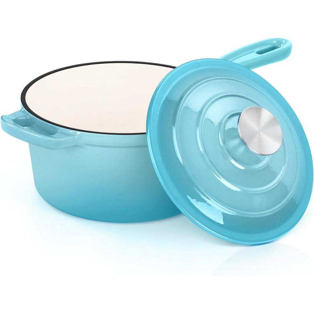 imageEfar Sauce Pan Set with Lid 1Qt amp 2Qt Enameled Cast Iron Pot Sets for Kitchen Cooking Small Heavy Duty Dutch Oven Saucepans amp Selfbasting Lids InductionReady amp Easy Clean WhiteLight Blue