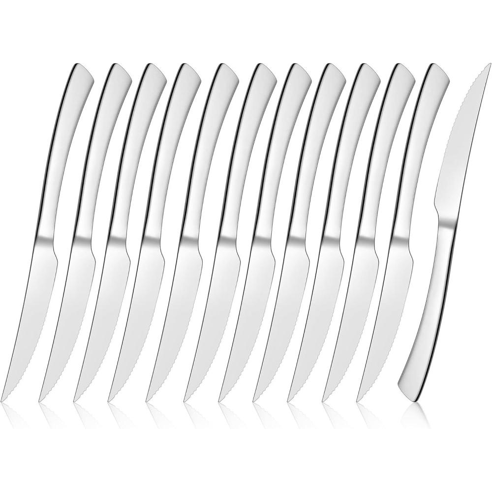 imageEfar Serrated Steak Knives Set of 12 Stainless Steel Dinner Knife for Home Kitchen Restaurant 9 Inch Table Knife with Ergonomic Handle and Sharp Tip amp Blade Mirror Silver amp Dishwasher Safe12