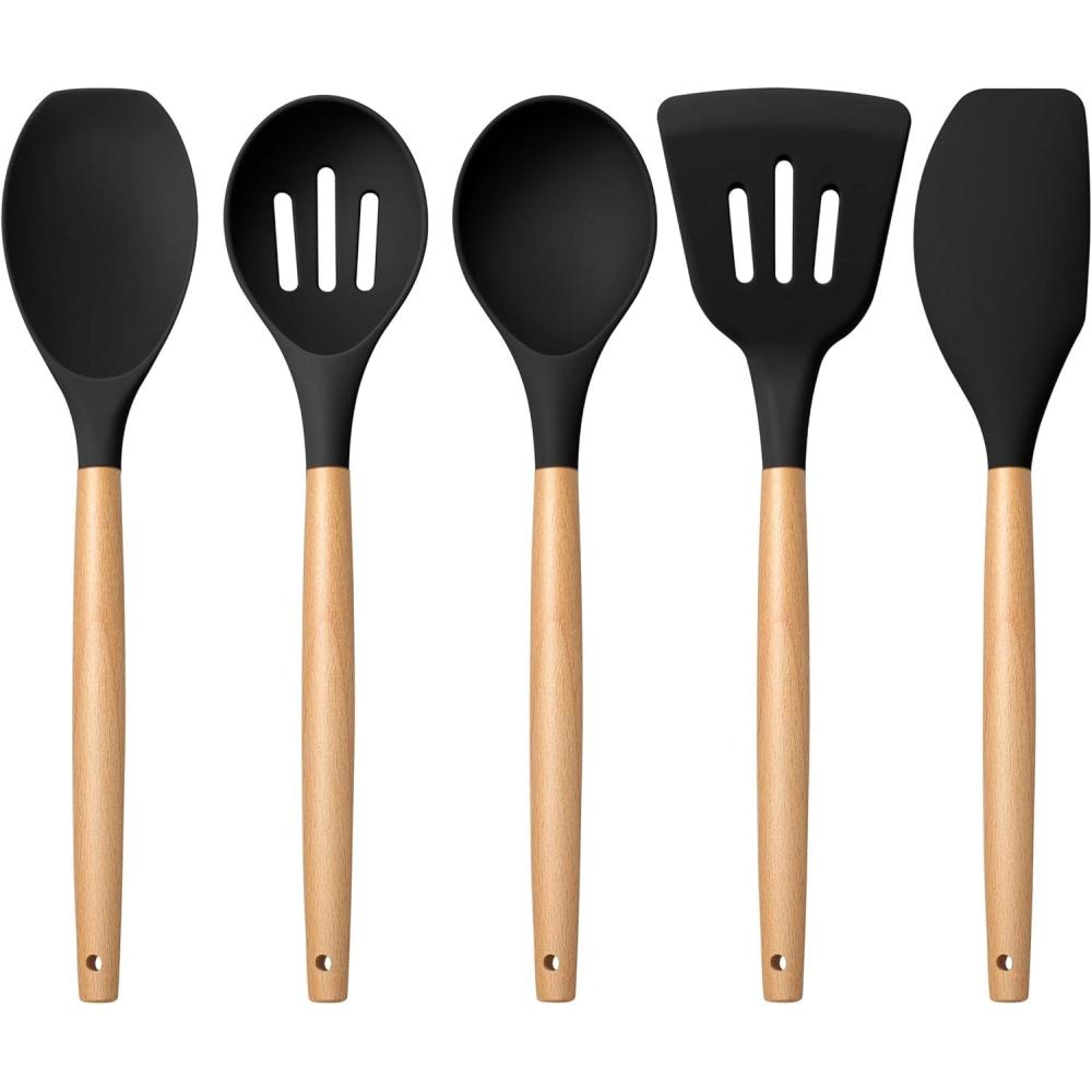 imageEfar Silicone Cooking Utensils Set 10Piece Heat Resistant Kitchen Utensils Set with Wooden Handle for Nonstick Cookware Kitchen Nonstick Tools Spatula Whisk Tongs Ladle Nontoxic amp HealthyKhakiBlack