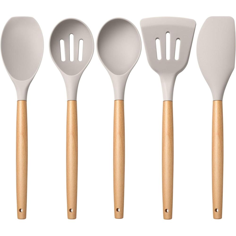imageEfar Silicone Cooking Utensils Set 10Piece Heat Resistant Kitchen Utensils Set with Wooden Handle for Nonstick Cookware Kitchen Nonstick Tools Spatula Whisk Tongs Ladle Nontoxic amp HealthyKhakiKhaki