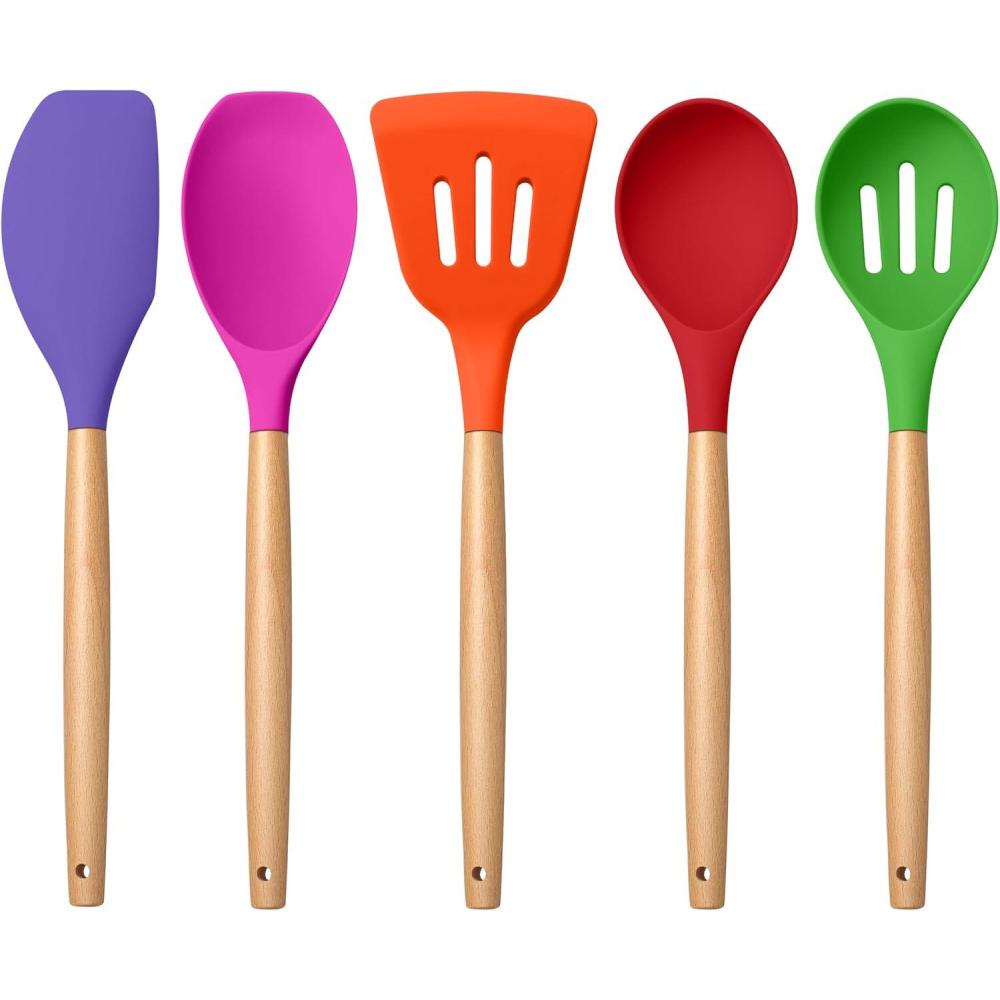 imageEfar Silicone Cooking Utensils Set 10Piece Heat Resistant Kitchen Utensils Set with Wooden Handle for Nonstick Cookware Kitchen Nonstick Tools Spatula Whisk Tongs Ladle Nontoxic amp HealthyKhakiMulticolor