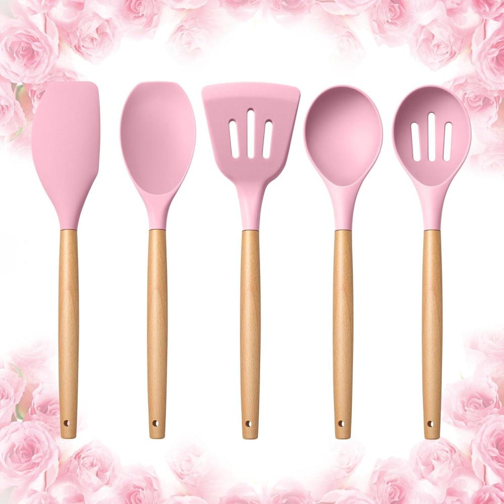 imageEfar Silicone Cooking Utensils Set 10Piece Heat Resistant Kitchen Utensils Set with Wooden Handle for Nonstick Cookware Kitchen Nonstick Tools Spatula Whisk Tongs Ladle Nontoxic amp HealthyKhakiPink