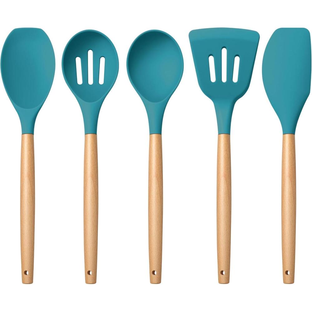 imageEfar Silicone Cooking Utensils Set 10Piece Heat Resistant Kitchen Utensils Set with Wooden Handle for Nonstick Cookware Kitchen Nonstick Tools Spatula Whisk Tongs Ladle Nontoxic amp HealthyKhakiNavy Blue