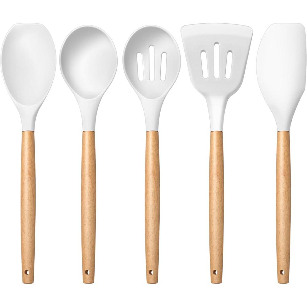 imageEfar Silicone Cooking Utensils Set 10Piece Heat Resistant Kitchen Utensils Set with Wooden Handle for Nonstick Cookware Kitchen Nonstick Tools Spatula Whisk Tongs Ladle Nontoxic amp HealthyKhakiWhite