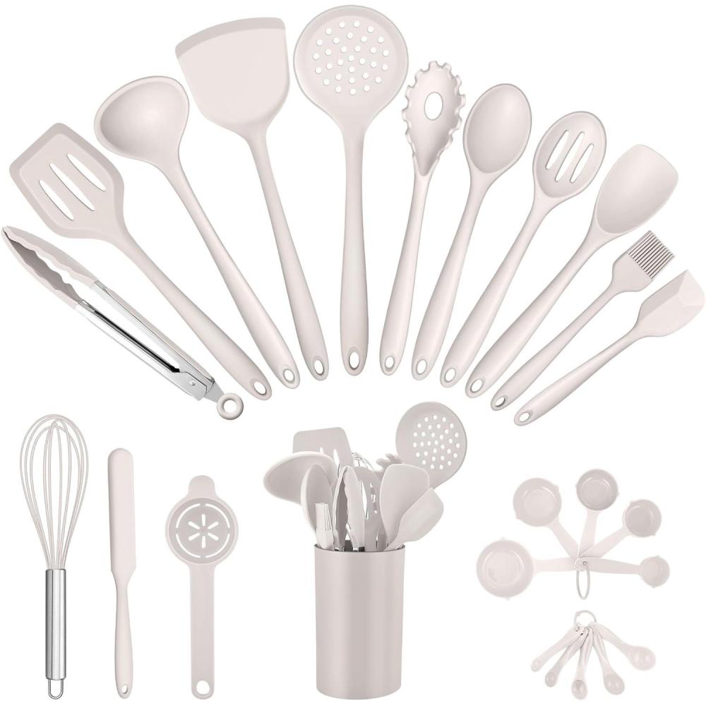 imageEfar Silicone Cooking Utensils Set 25 Piece Kitchen Utensils with Holder Non Toxic Kitchen Tools Spatula Turner Spoon Ladle for Nonstick Cookware Heat Resistant amp Dishwasher Safe  BlackKhaki