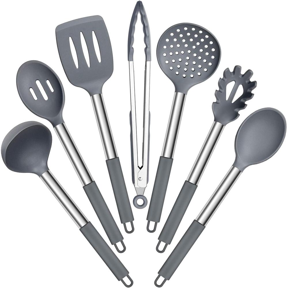 imageEfar Silicone Cooking Utensils Set 7 Pcs Heat Resistant Kitchen Utensils with Stainless Steel Handle Slotted Turner Spoon Soup Ladle Pasta Server Skimmer Tongs for Nonstick Cookware BlackGray