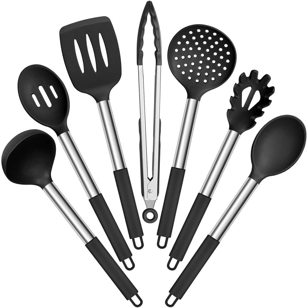 imageEfar Silicone Cooking Utensils Set 7 Pcs Heat Resistant Kitchen Utensils with Stainless Steel Handle Slotted Turner Spoon Soup Ladle Pasta Server Skimmer Tongs for Nonstick Cookware BlackBlack