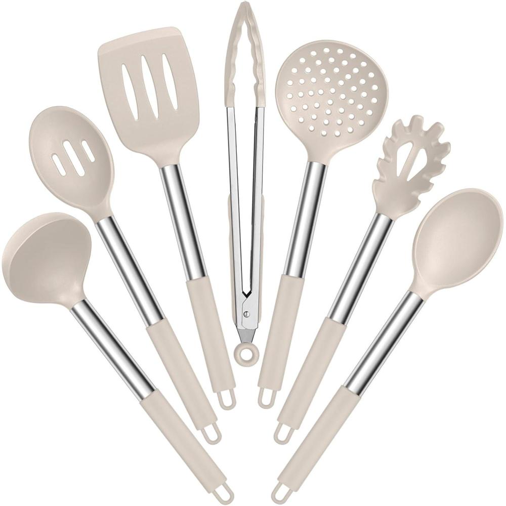 imageEfar Silicone Cooking Utensils Set 7 Pcs Heat Resistant Kitchen Utensils with Stainless Steel Handle Slotted Turner Spoon Soup Ladle Pasta Server Skimmer Tongs for Nonstick Cookware BlackKhaki