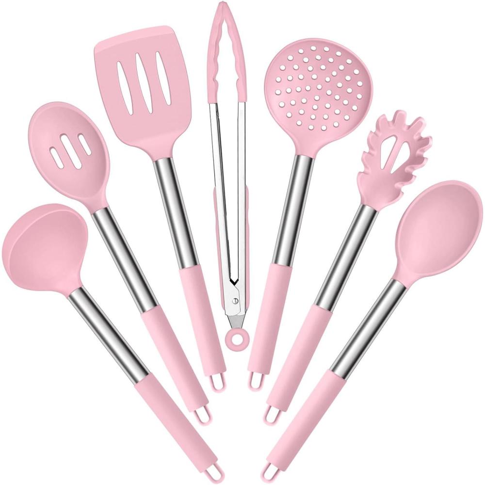 imageEfar Silicone Cooking Utensils Set 7 Pcs Heat Resistant Kitchen Utensils with Stainless Steel Handle Slotted Turner Spoon Soup Ladle Pasta Server Skimmer Tongs for Nonstick Cookware BlackPink