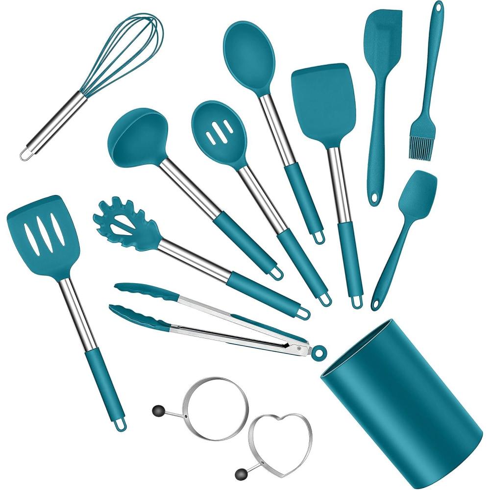imageEfar Silicone Cooking Utensils Set 7 Pcs Heat Resistant Kitchen Utensils with Stainless Steel Handle Slotted Turner Spoon Soup Ladle Pasta Server Skimmer Tongs for Nonstick Cookware BlackBlue