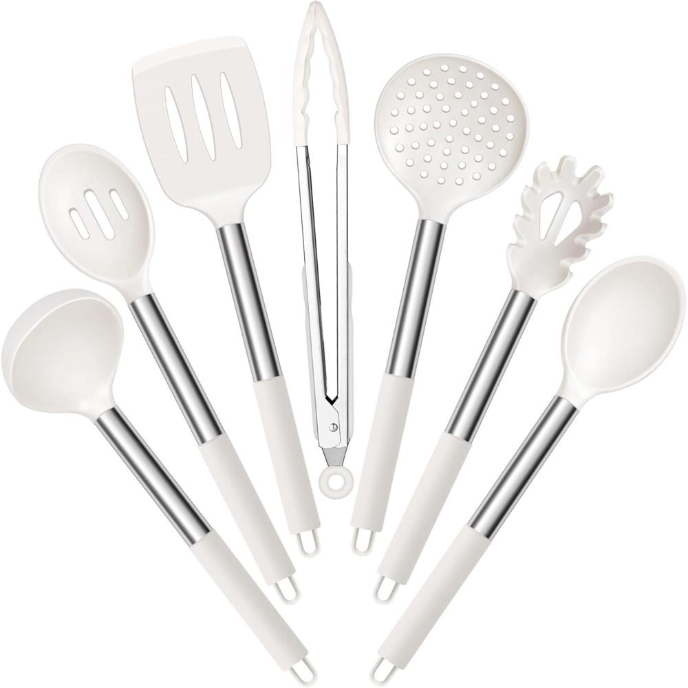 imageEfar Silicone Cooking Utensils Set 7 Pcs Heat Resistant Kitchen Utensils with Stainless Steel Handle Slotted Turner Spoon Soup Ladle Pasta Server Skimmer Tongs for Nonstick Cookware BlackWhite