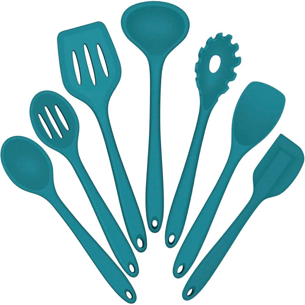 imageEfar Silicone Cooking Utensils Set 7Piece Black Heat Resistant Kitchen Utensils Set Kitchen Nonstick Tools Spatula Ladle Spoon Pasta Server for Nonstick Cookware NonToxic amp Dishwasher safeBlue