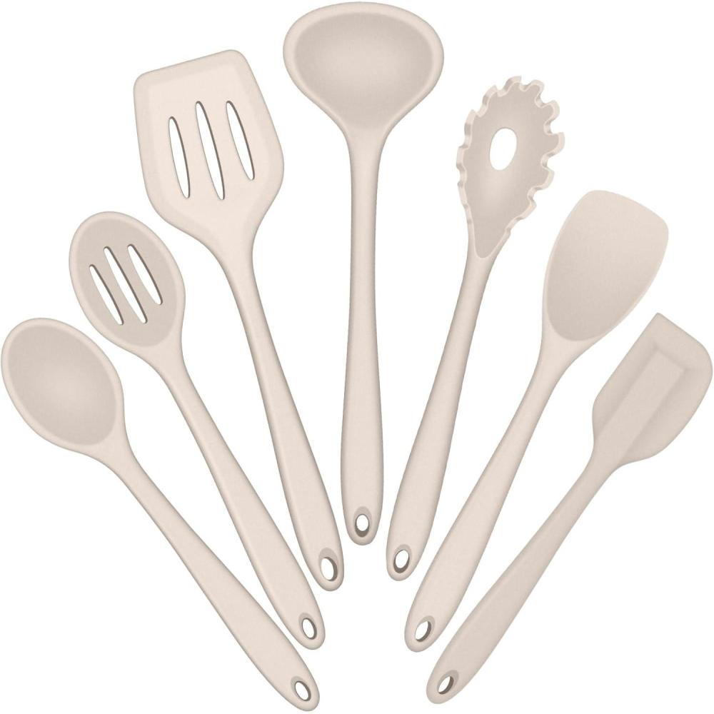 imageEfar Silicone Cooking Utensils Set 7Piece Black Heat Resistant Kitchen Utensils Set Kitchen Nonstick Tools Spatula Ladle Spoon Pasta Server for Nonstick Cookware NonToxic amp Dishwasher safeKhaki