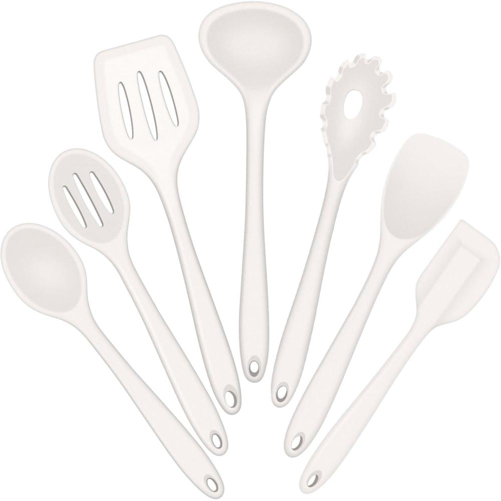 imageEfar Silicone Cooking Utensils Set 7Piece Black Heat Resistant Kitchen Utensils Set Kitchen Nonstick Tools Spatula Ladle Spoon Pasta Server for Nonstick Cookware NonToxic amp Dishwasher safeWhite