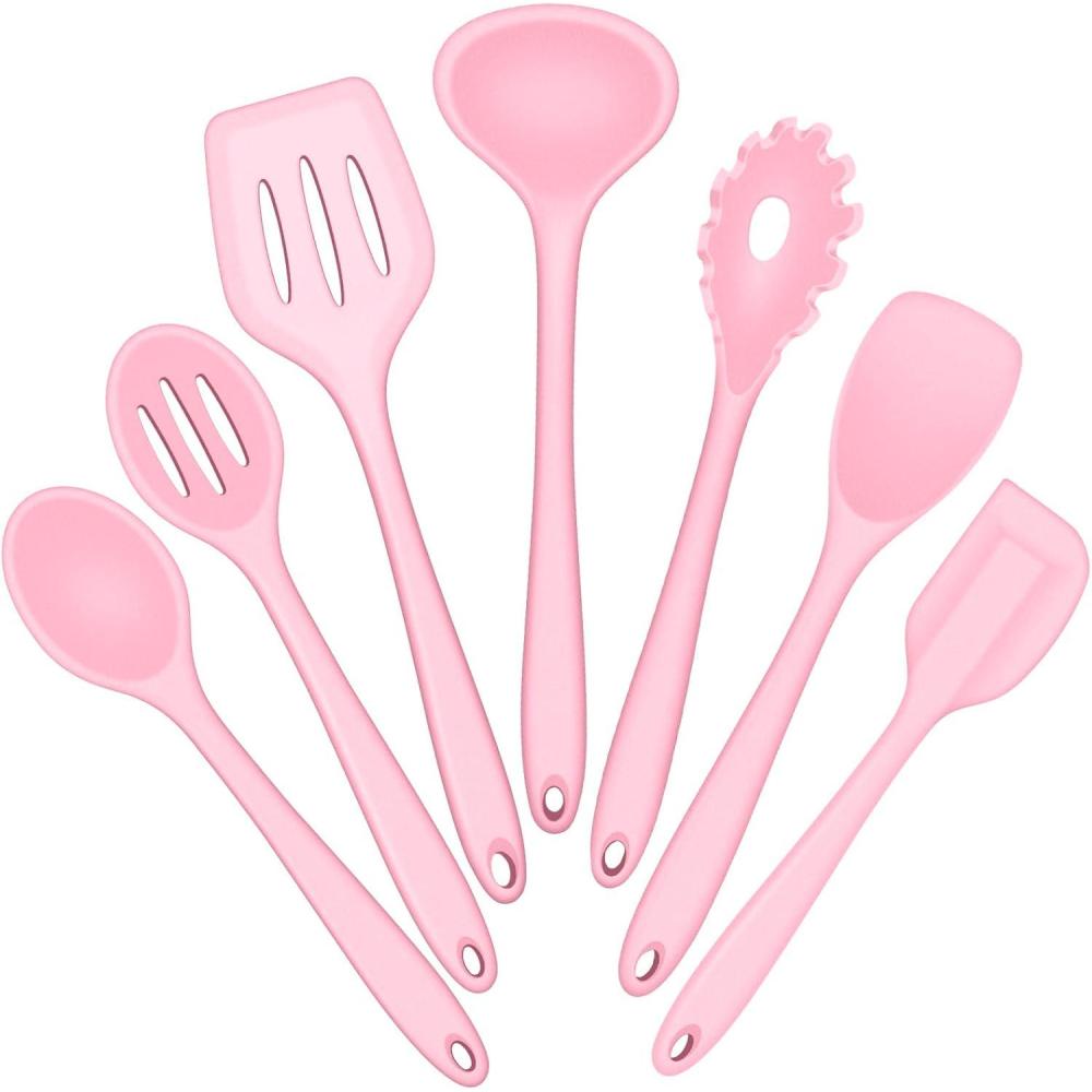 imageEfar Silicone Cooking Utensils Set 7Piece Black Heat Resistant Kitchen Utensils Set Kitchen Nonstick Tools Spatula Ladle Spoon Pasta Server for Nonstick Cookware NonToxic amp Dishwasher safePink