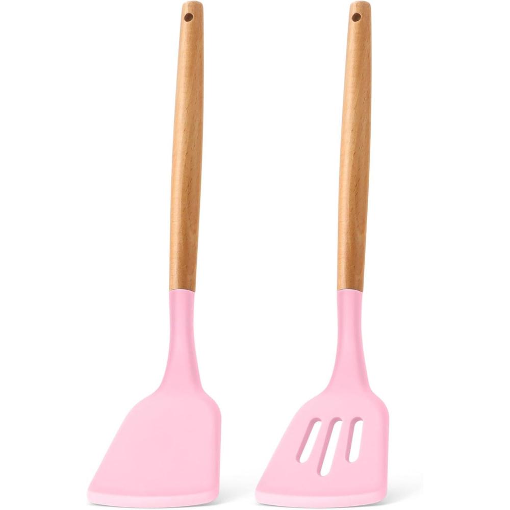 imageEfar Silicone Spatula Turner 2 Pack Heat Resistant Kitchen Spatulas for Nonstick Cookware Rubber Solid Slotted Spatula Cooking Utensils for Fish Eggs Pancakes BlackPink