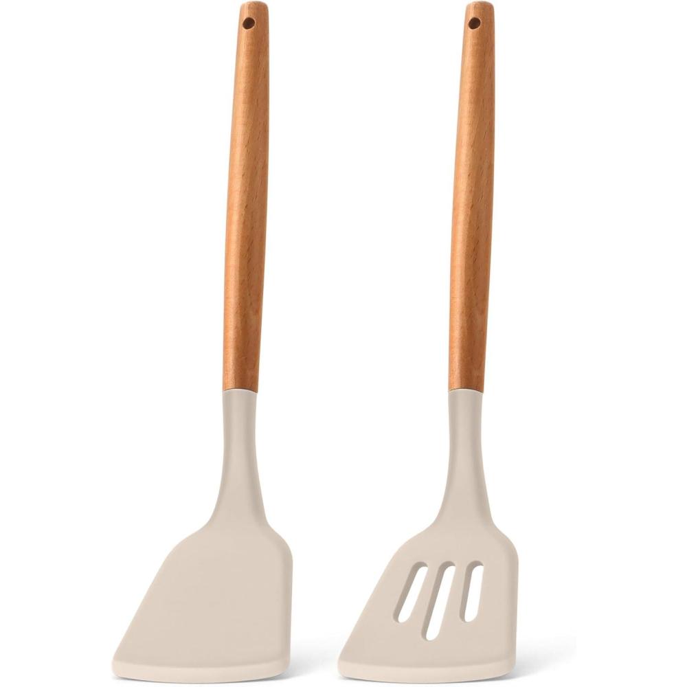 imageEfar Silicone Spatula Turner 2 Pack Heat Resistant Kitchen Spatulas for Nonstick Cookware Rubber Solid Slotted Spatula Cooking Utensils for Fish Eggs Pancakes BlackKhaki