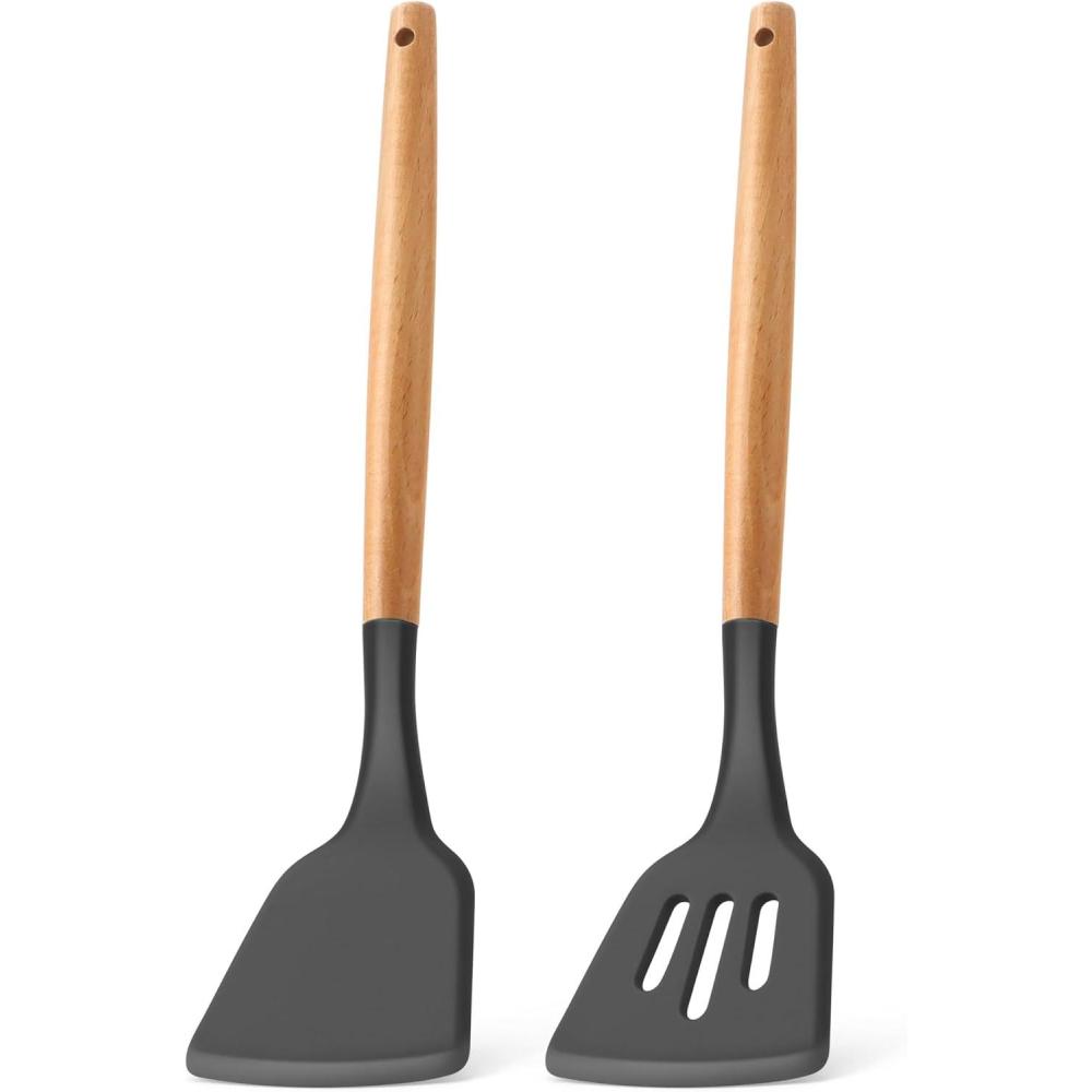imageEfar Silicone Spatula Turner 2 Pack Heat Resistant Kitchen Spatulas for Nonstick Cookware Rubber Solid Slotted Spatula Cooking Utensils for Fish Eggs Pancakes BlackGray