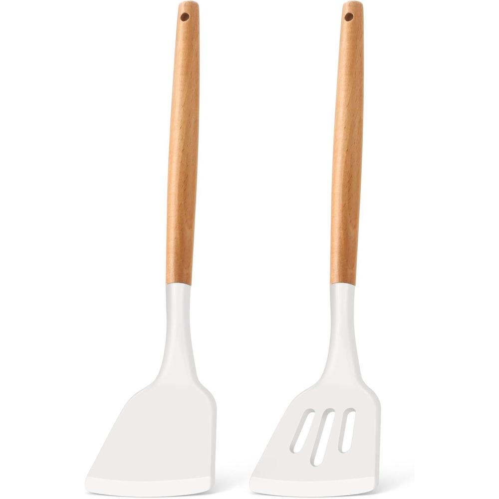 imageEfar Silicone Spatula Turner 2 Pack Heat Resistant Kitchen Spatulas for Nonstick Cookware Rubber Solid Slotted Spatula Cooking Utensils for Fish Eggs Pancakes BlackWhite