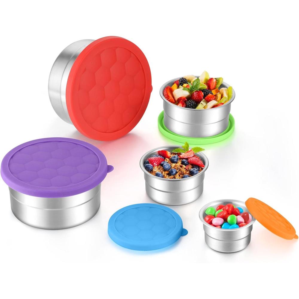 imageEfar Snack Containers with Lid Set of 3 3 6 129oz Stainless Steel Food Container for Kids Toddlers Adults Round Metal Reusable Food Storage Box for Daycare School Leak Proof amp StackableRed Purple Green Blue Orange