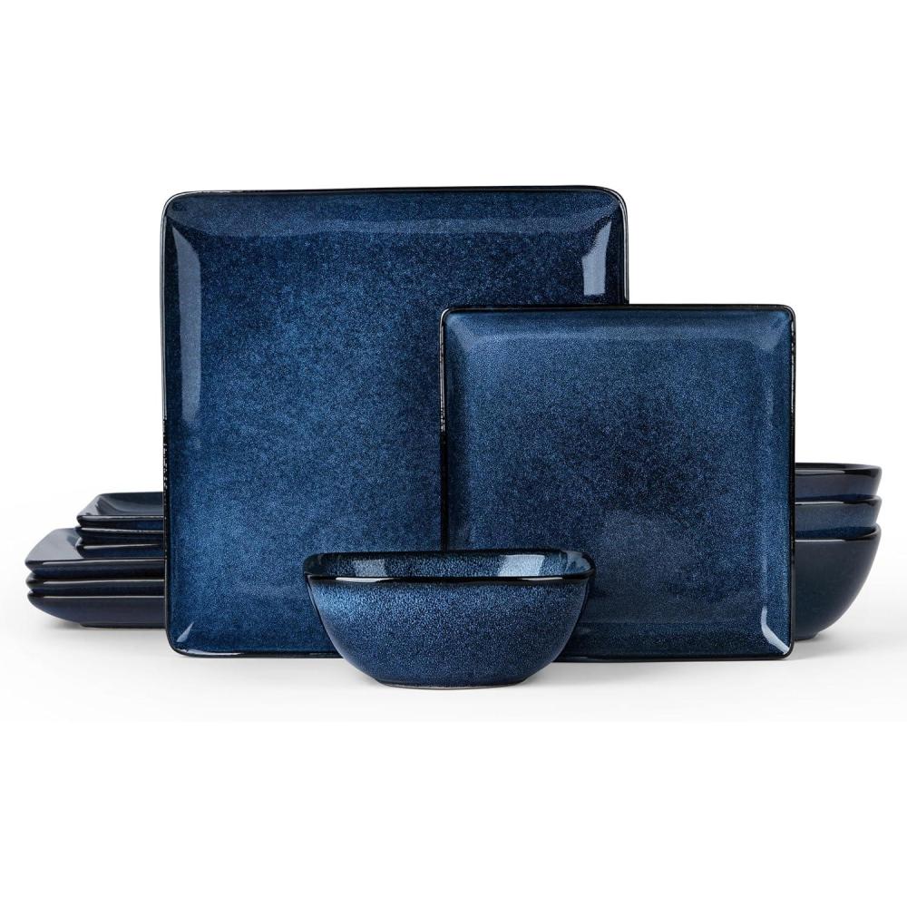 imageEfar Square Plates and Bowls Sets 12Piece Stoneware Dinnerware Sets for 4 Reactive Glaze Dish Set Chip and Scratch Resistant Microwave and Dishwasher Safe Deep Sea BlueDeep Sea Blue