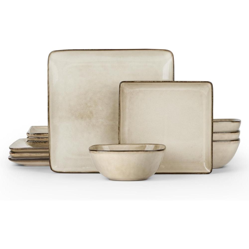 imageEfar Square Plates and Bowls Sets 12Piece Stoneware Dinnerware Sets for 4 Reactive Glaze Dish Set Chip and Scratch Resistant Microwave and Dishwasher Safe Deep Sea BlueSandy Beige