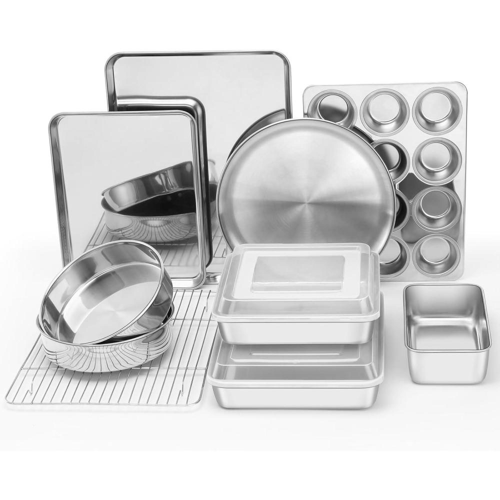 imageEfar Stainless Steel Baking Pan Set 9Piece Bakeware Sets for Cake Cookie Loaf Muffin Include Round Square Rectangle Baking Sheet Pan with Lid amp Cooling Rack Dishwasher Safe12Piece Set