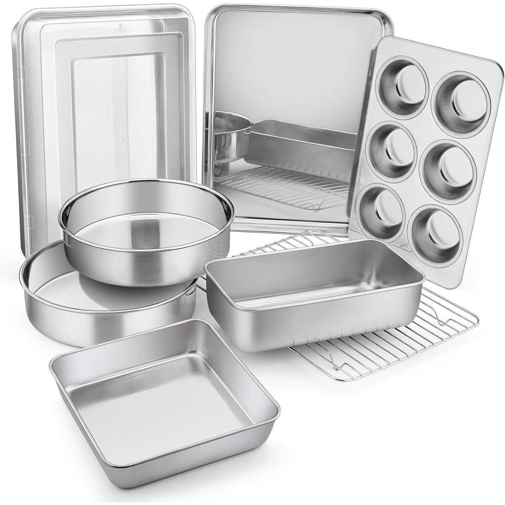 imageEfar Stainless Steel Baking Pan Set 9Piece Bakeware Sets for Cake Cookie Loaf Muffin Include Round Square Rectangle Baking Sheet Pan with Lid amp Cooling Rack Dishwasher Safe9Piece Set