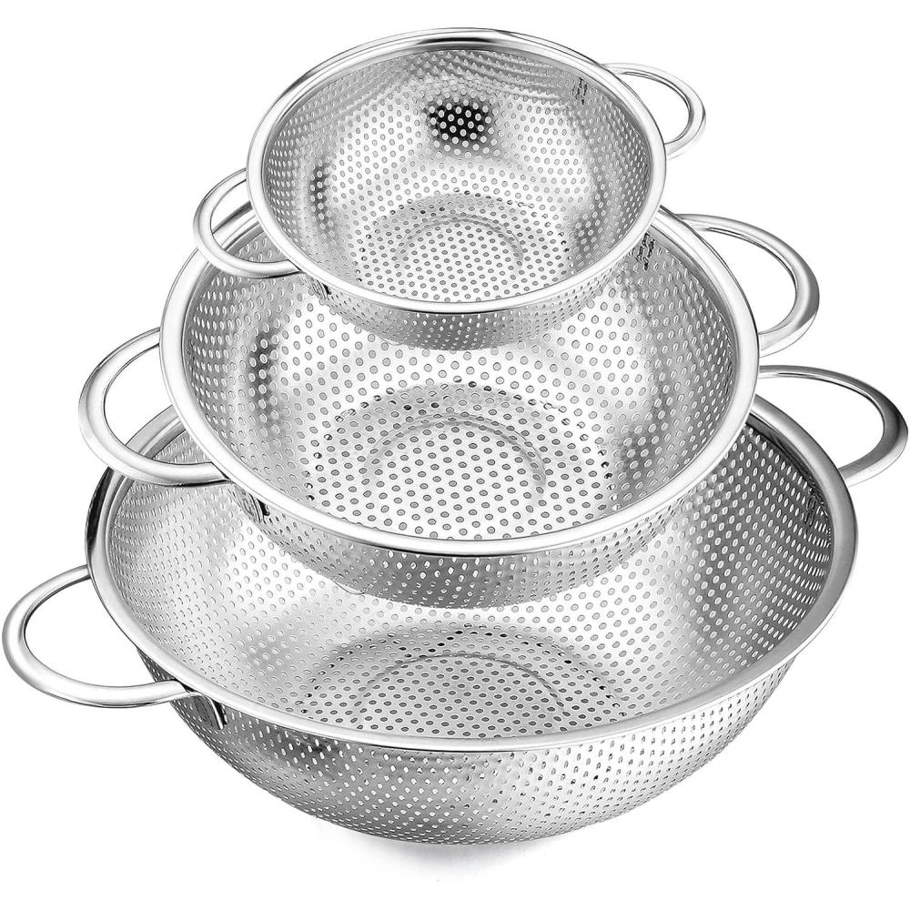 imageEfar Stainless Steel Colander Set of 3 135Quart MicroPerforated Metal Colander Strainer with Handle for KitchenDraining PastaRinsing Vegetables Fruits Heavy Duty amp Dishwasher Safe1 3 5 QT