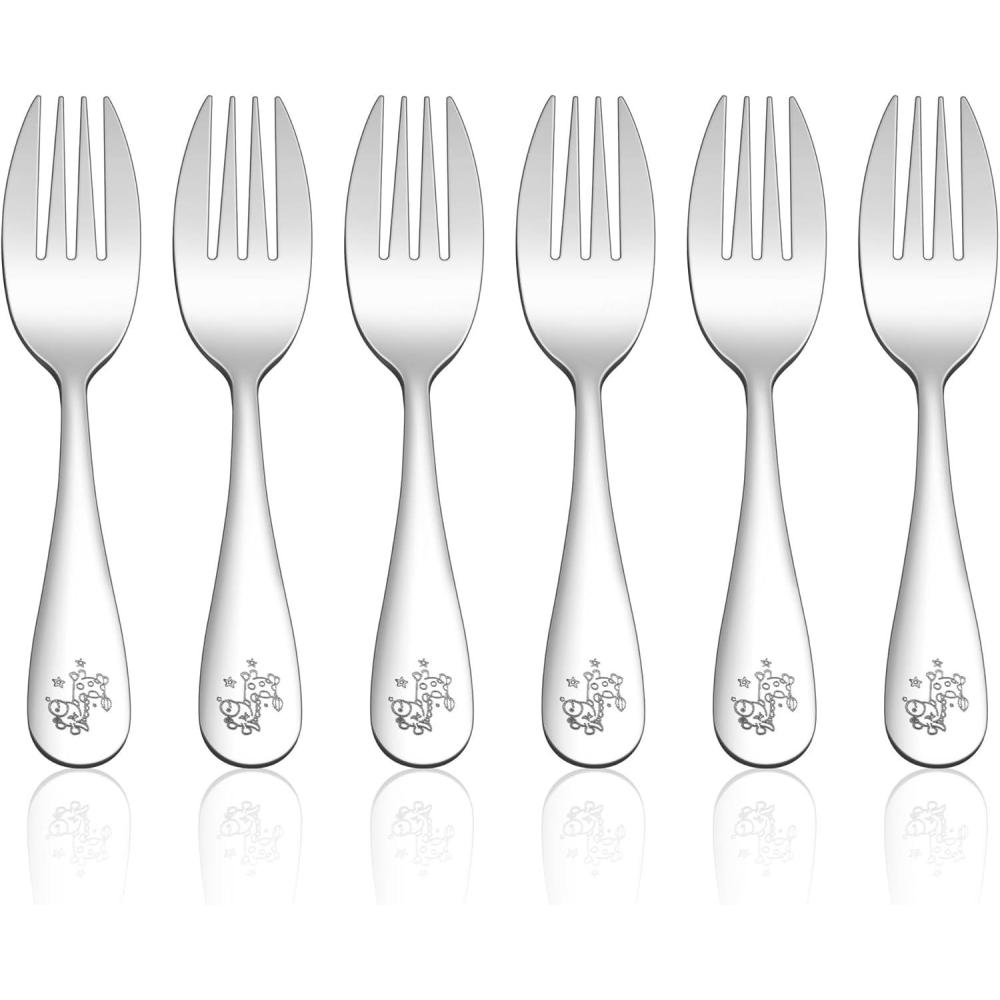 imageEfar Stainless Steel Kids Forks 6Piece Toddlers Forks Safe for PreschoolerChildren Hammered Adult look amp Small Size Rust Free amp Dishwasher SafeAnimal Forks
