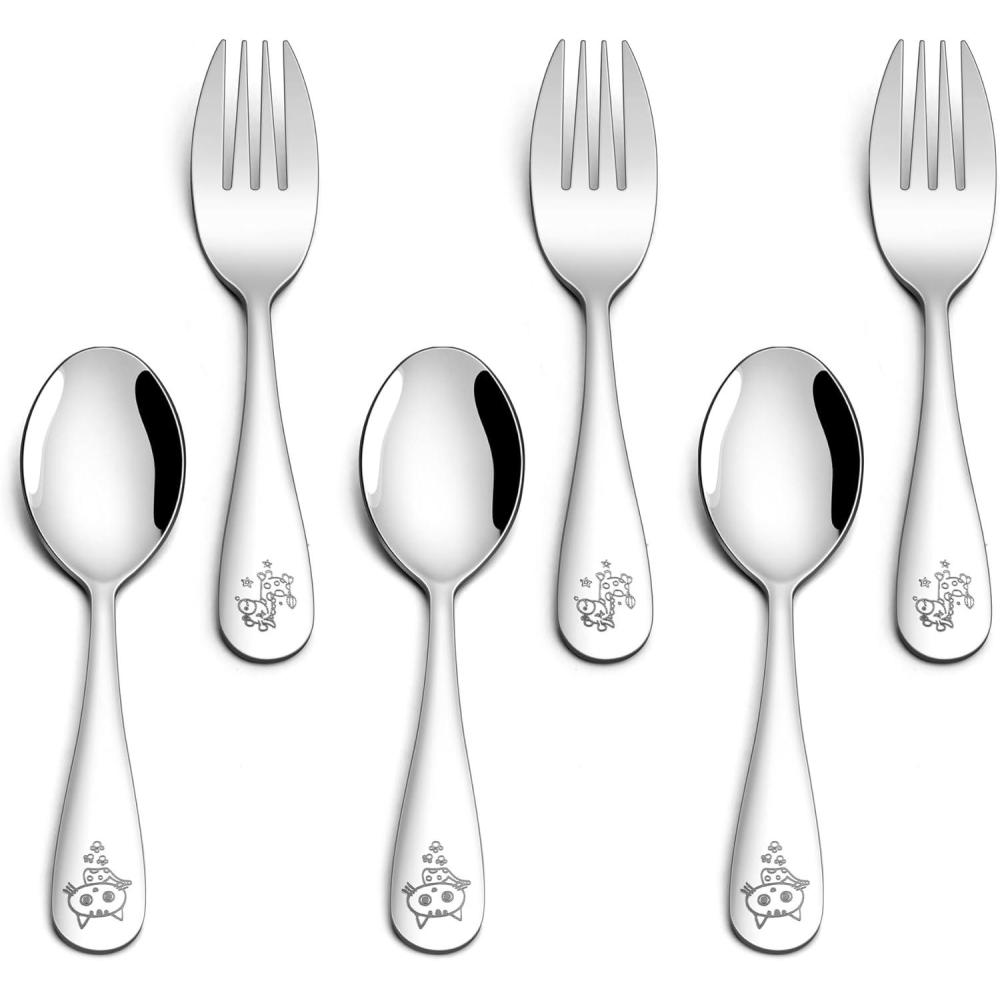 imageEfar Stainless Steel Kids Forks 6Piece Toddlers Forks Safe for PreschoolerChildren Hammered Adult look amp Small Size Rust Free amp Dishwasher SafeAnimal Spoons Forks