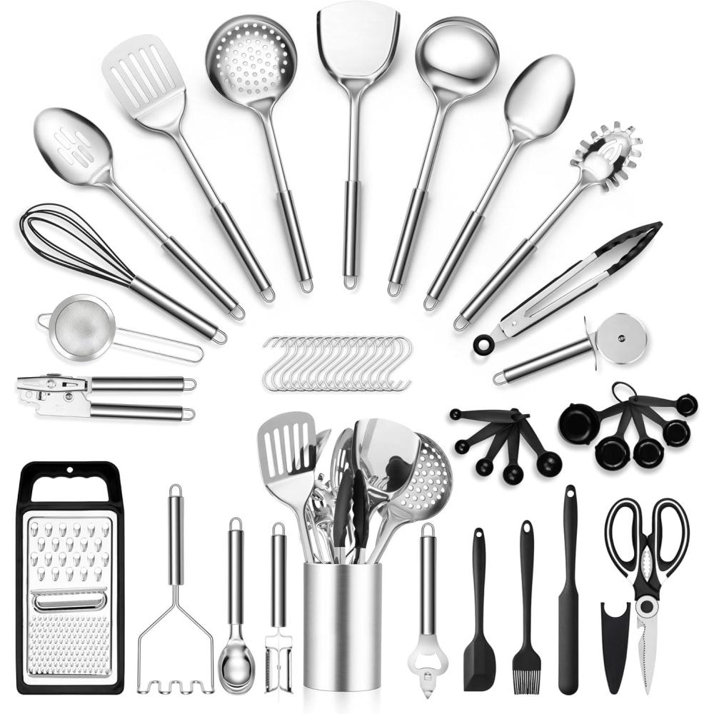 imageEfar Stainless Steel Kitchen Utensils Set 39Piece Cooking Utensils Set with Holder Nontoxic Metal Heat Resistant Kitchen Gadgets Cookware Tool Spatula Set for Cooking Dishwasher Safe39