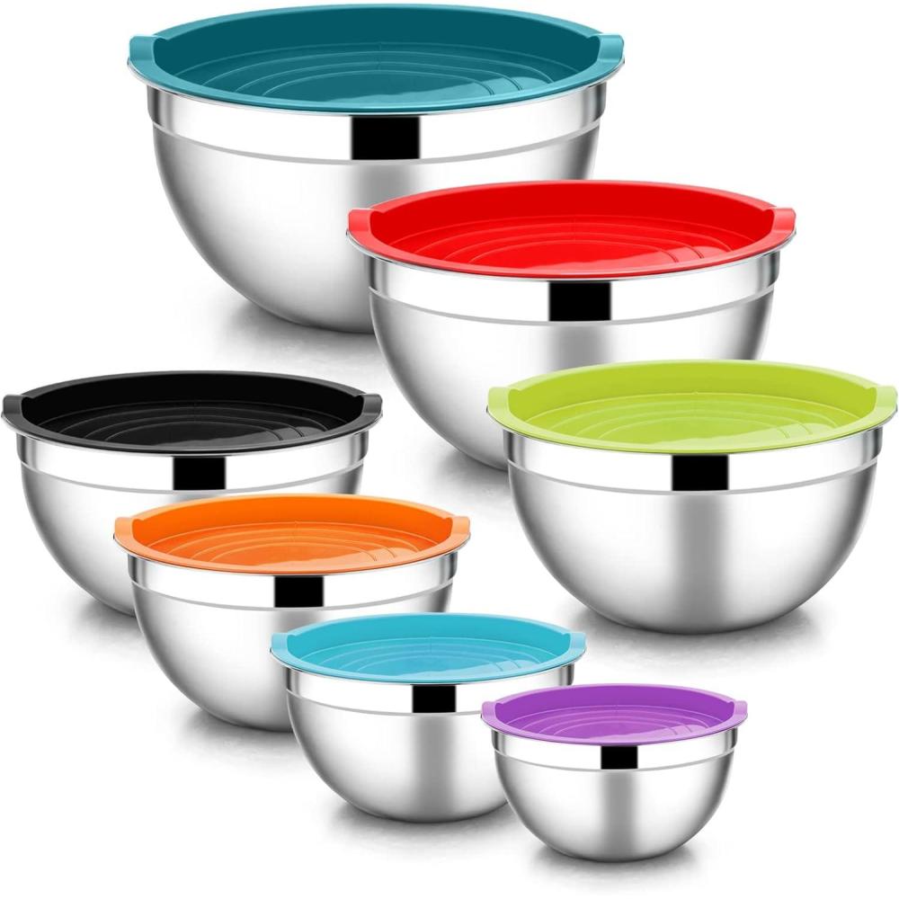 imageEfar Stainless Steel Mixing Bowls with Airtight Lids 7Piece Metal Nesting Bowls with Black Lids for Saving Storage Space Size 7 46 3 2 15 1 07QT Great for BakingCookingPreppingColorful