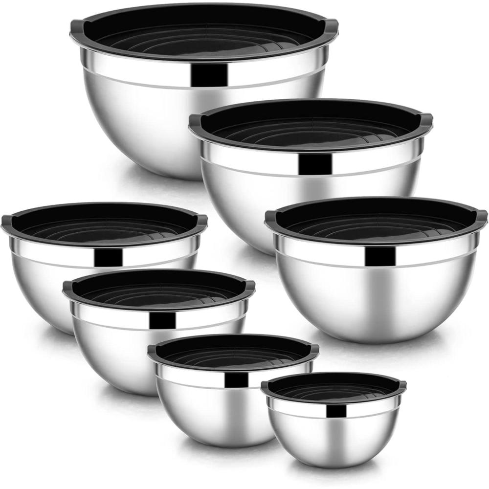 imageEfar Stainless Steel Mixing Bowls with Airtight Lids 7Piece Metal Nesting Bowls with Black Lids for Saving Storage Space Size 7 46 3 2 15 1 07QT Great for BakingCookingPreppingBlack