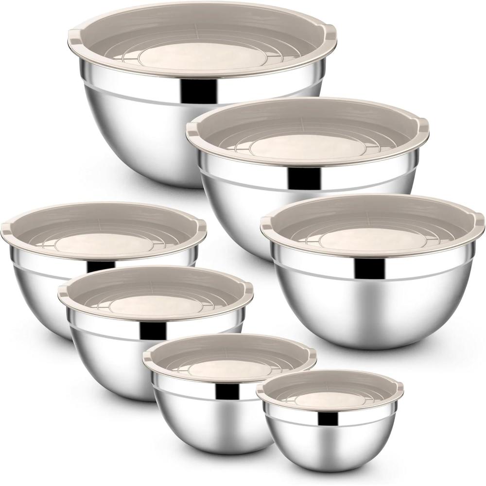 imageEfar Stainless Steel Mixing Bowls with Airtight Lids 7Piece Metal Nesting Bowls with Black Lids for Saving Storage Space Size 7 46 3 2 15 1 07QT Great for BakingCookingPreppingKhaki