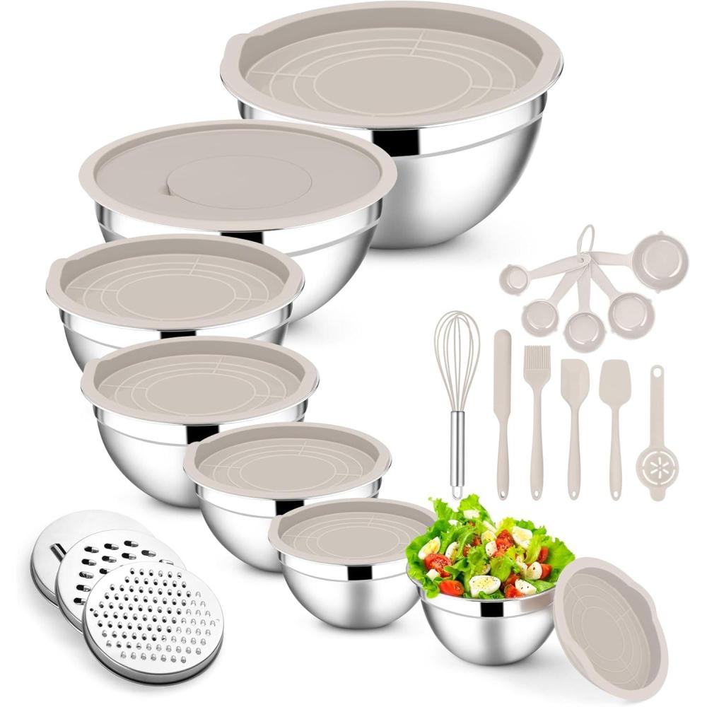imageEfar Stainless Steel Mixing Bowls with Lids Set 5Piece Nesting Salad Bowls with 3 Grater Attachments and NonSlip Bottoms Size 46 26 2 15 1QT for Kitchen BlackKhaki