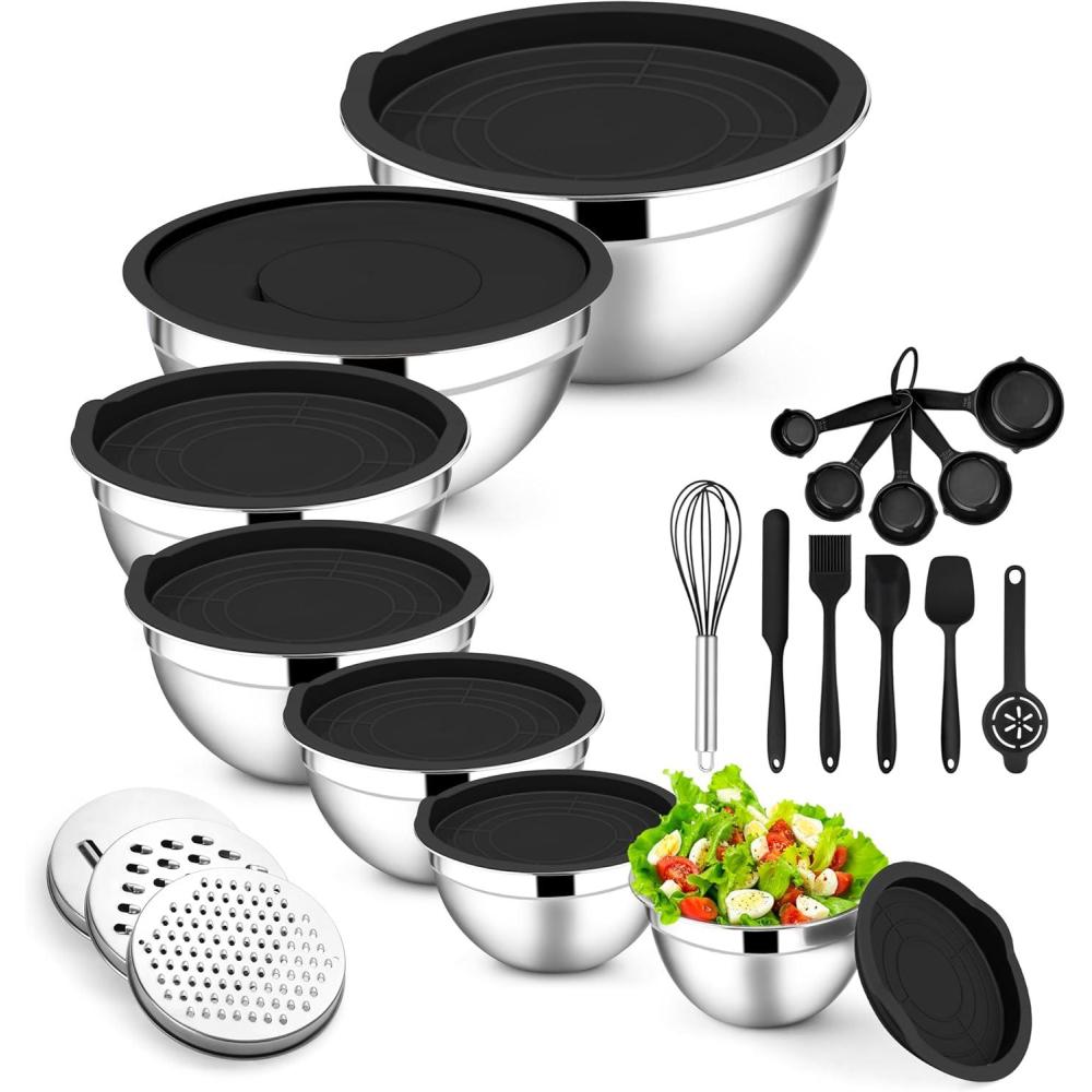 imageEfar Stainless Steel Mixing Bowls with Lids Set 5Piece Nesting Salad Bowls with 3 Grater Attachments and NonSlip Bottoms Size 46 26 2 15 1QT for Kitchen BlackBlack