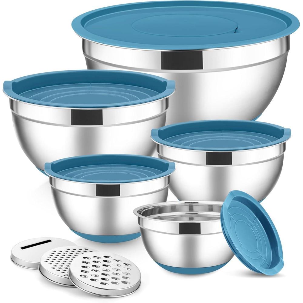 imageEfar Stainless Steel Mixing Bowls with Lids Set 5Piece Nesting Salad Bowls with 3 Grater Attachments and NonSlip Bottoms Size 46 26 2 15 1QT for Kitchen BlackBlue