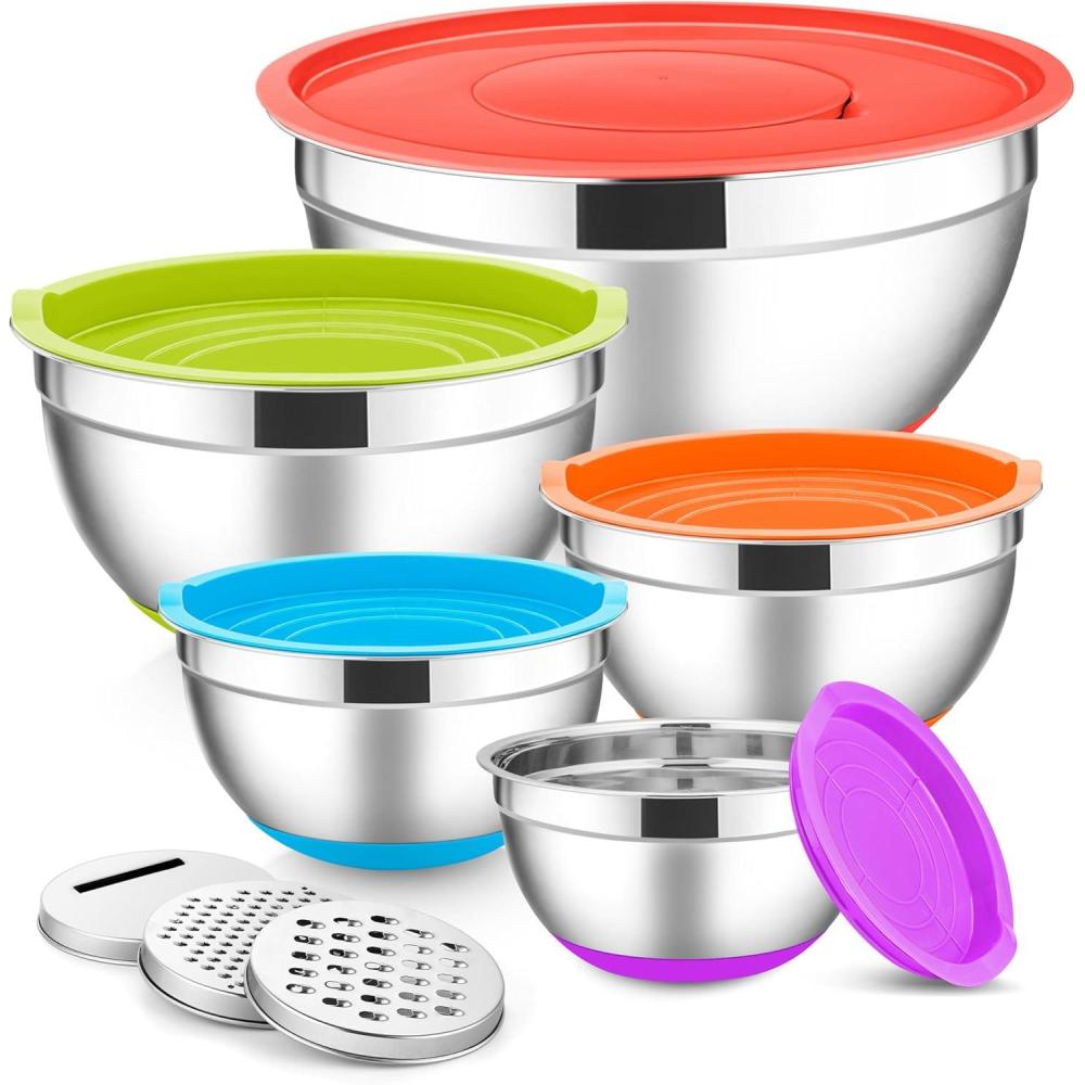 imageEfar Stainless Steel Mixing Bowls with Lids Set 5Piece Nesting Salad Bowls with 3 Grater Attachments and NonSlip Bottoms Size 46 26 2 15 1QT for Kitchen BlackColorful