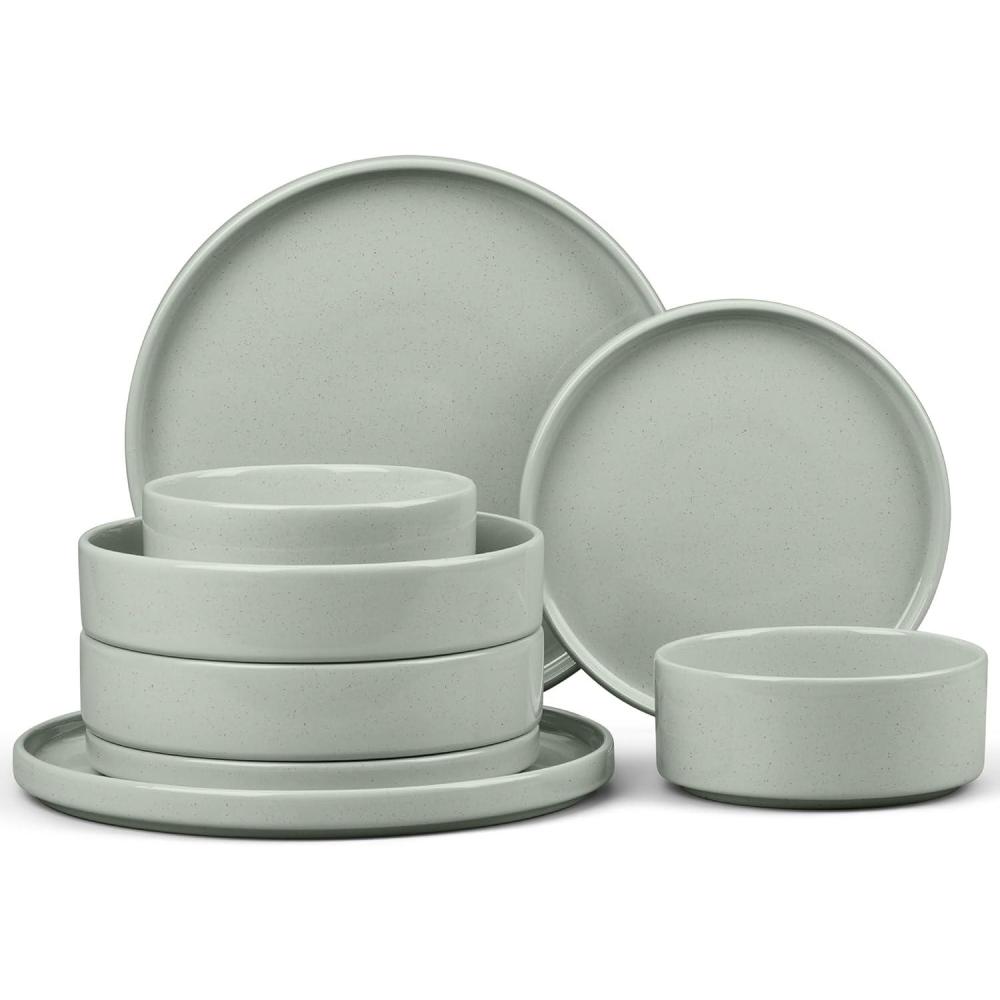imageEfar Stoneware Dinnerware Sets for 4 12Piece Reactive Glaze Plates and Bowls Sets Kitchen Ceramic Dishes Dinning Ware Microwave amp Dishwasher Safe Deep GrayMist Green