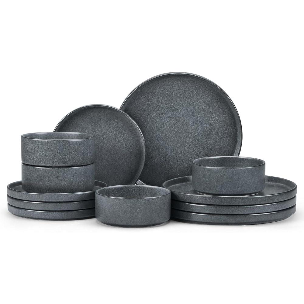 imageEfar Stoneware Dinnerware Sets for 4 12Piece Reactive Glaze Plates and Bowls Sets Kitchen Ceramic Dishes Dinning Ware Microwave amp Dishwasher Safe Deep GrayDeep Gray