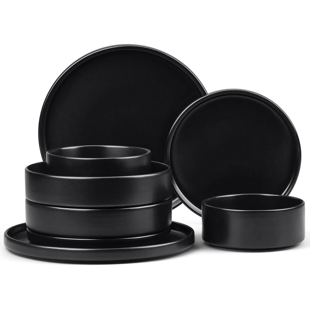 imageEfar Stoneware Dinnerware Sets for 4 12Piece Reactive Glaze Plates and Bowls Sets Kitchen Ceramic Dishes Dinning Ware Microwave amp Dishwasher Safe Deep GrayMatte Black
