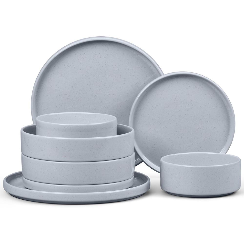imageEfar Stoneware Dinnerware Sets for 4 12Piece Reactive Glaze Plates and Bowls Sets Kitchen Ceramic Dishes Dinning Ware Microwave amp Dishwasher Safe Deep GrayHaze Gray