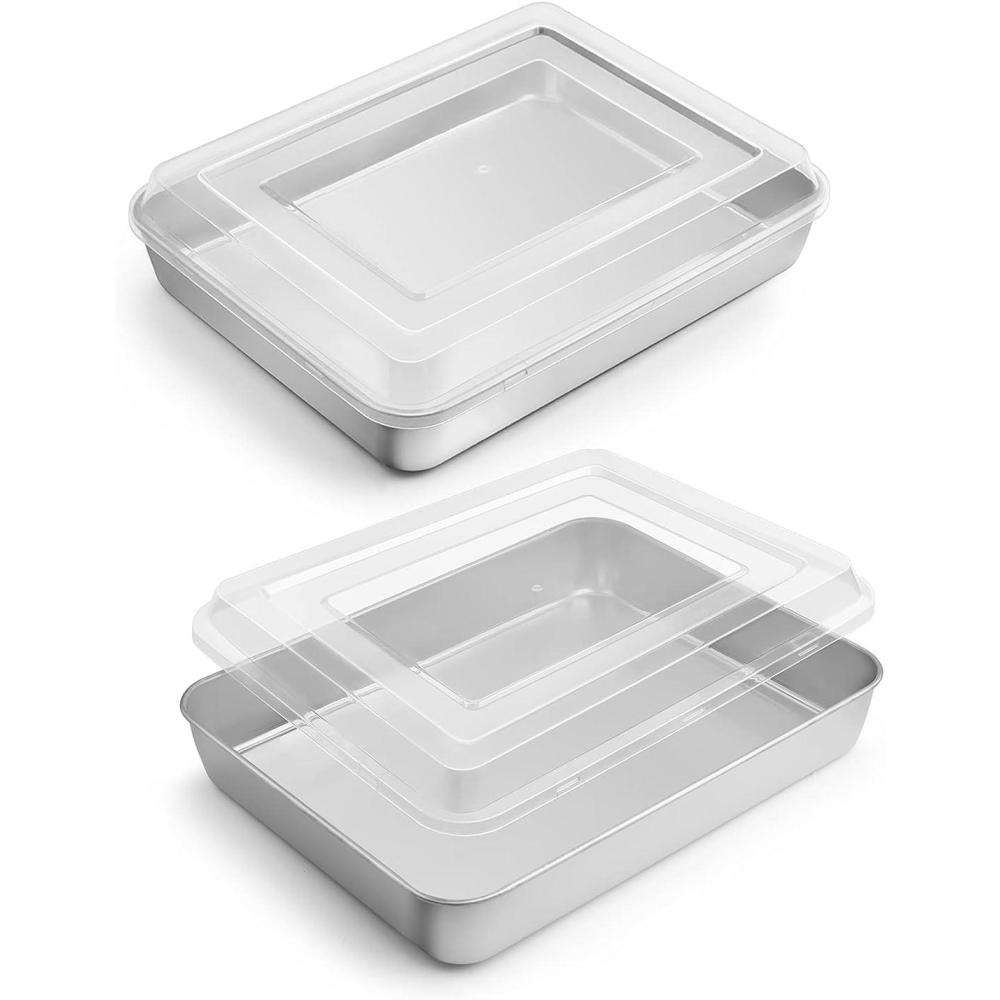 imageEfar Toaster Oven Baking Pan with Lid 104x 8x 2 Stainless Steel Rectangle Sheet Cake Pans with Covers Small Bakeware for Cakes Brownies Casseroles Nontoxic amp Dishwasher Safe Set of 22Pans2Lids