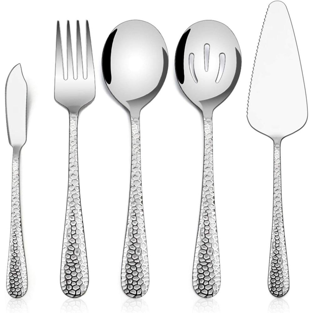 imageHammered Serving Utensils Efar 5Piece Stainless Steel Hostess Serving Set for Buffet Party Kitchen Restaurant Mirror Finished amp Dishwasher SafeHammered Handle