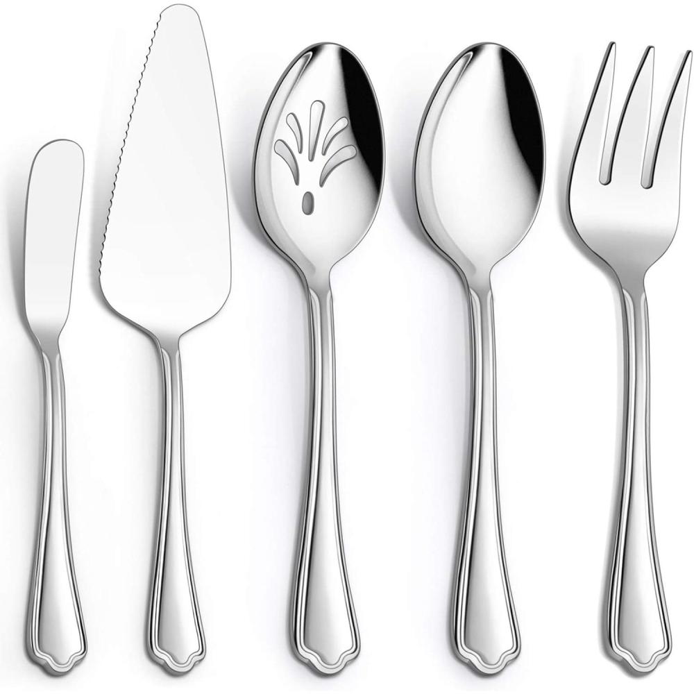 imageHammered Serving Utensils Efar 5Piece Stainless Steel Hostess Serving Set for Buffet Party Kitchen Restaurant Mirror Finished amp Dishwasher SafeScalloped Handle
