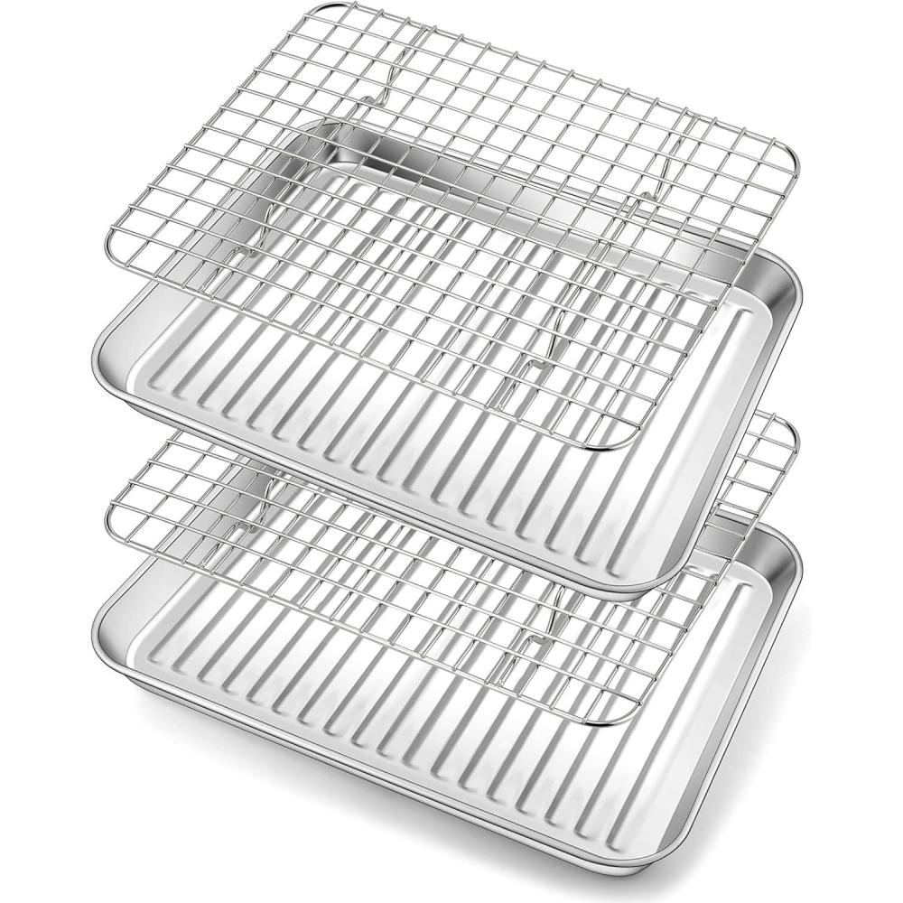 imageSmall Stainless Steel Baking Sheet Efar Toaster Oven Tray with Rack Set Metal Textured Broiling Pan with Wire Rack for CookingCoolingBaconCookiesSteak Dishwasher Safe