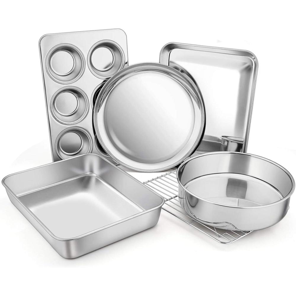 imageToaster Oven Bakeware Set Efar 6Piece Stainless Steel Small Baking Pan Set Include Cake Brownie PanCookie Sheet with RackMuffin TinPizza Pan NonToxic amp Healthy Easy Clean amp Dishwasher Safe6 Pieces