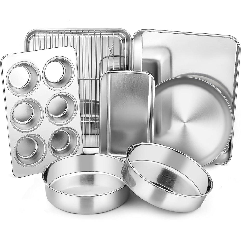 imageToaster Oven Bakeware Set Efar 6Piece Stainless Steel Small Baking Pan Set Include Cake Brownie PanCookie Sheet with RackMuffin TinPizza Pan NonToxic amp Healthy Easy Clean amp Dishwasher Safe8 Pieces