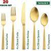 20-Piece Matte Black Silverware Set, E-far Stainless Steel Flatware Set Service for 4, Metal Cutlery Eating Utensils Tableware Includes Forks/Spoons/Knives, Square Edge(Gold)